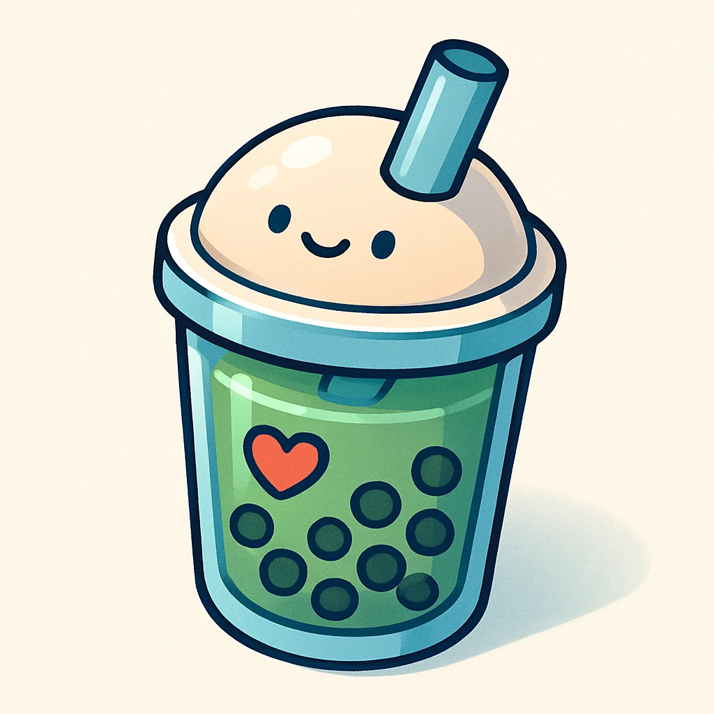 bubble tea cup with a rounded cute lid, blue cup, green drink inside, vector hand-drawn style, clear bold outlines, soft expressive shadows and highlights, matte glass effect, cute heart details emoji