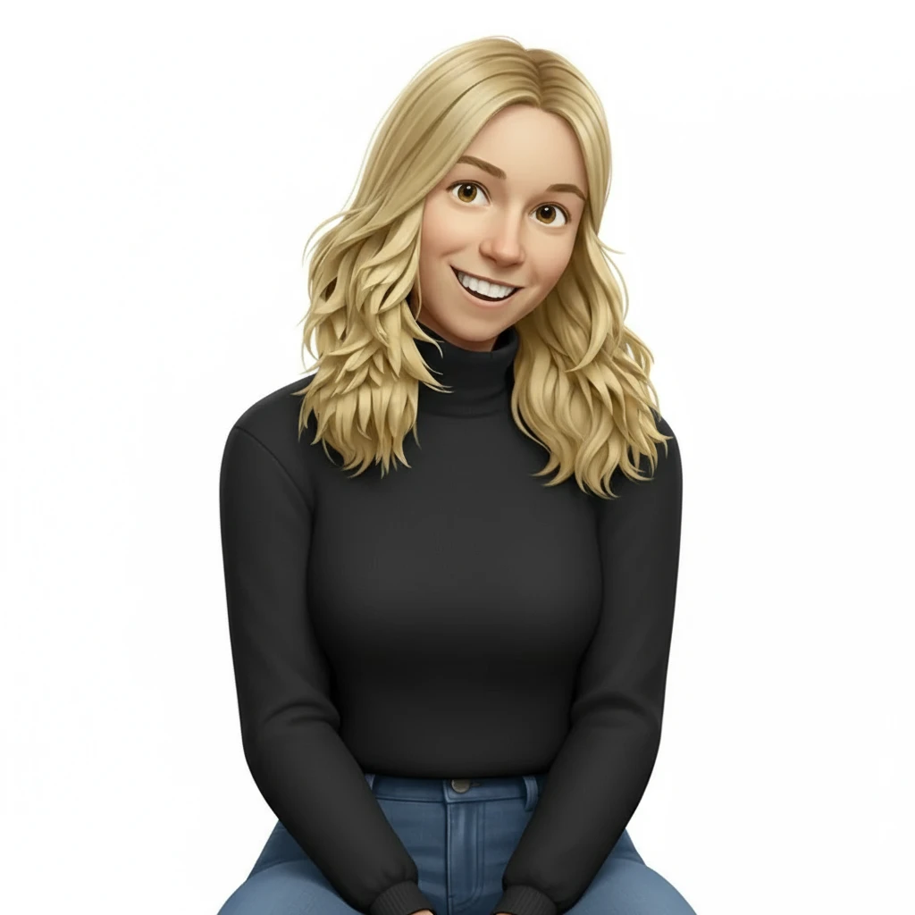 нарисуй эту девушку с точно таким же лицом и прической строго фас она сидит в водолазке и джинсах, без шапки, без фона  emoji