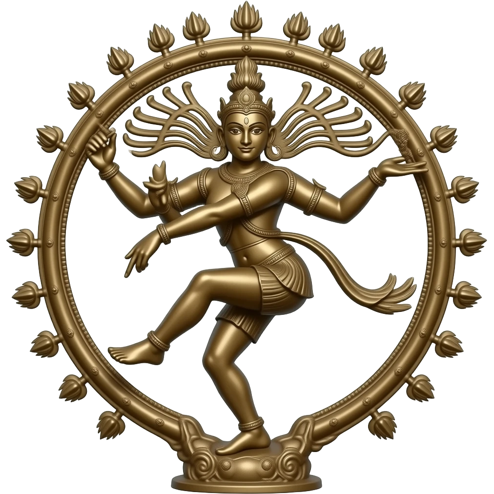 Natarajar, idol of bharathanatiyam. His left hand facing downwards towards right, right hand placed above of the left hand in right side itself. Right leg straight, left is lifted above the right leg right side emoji