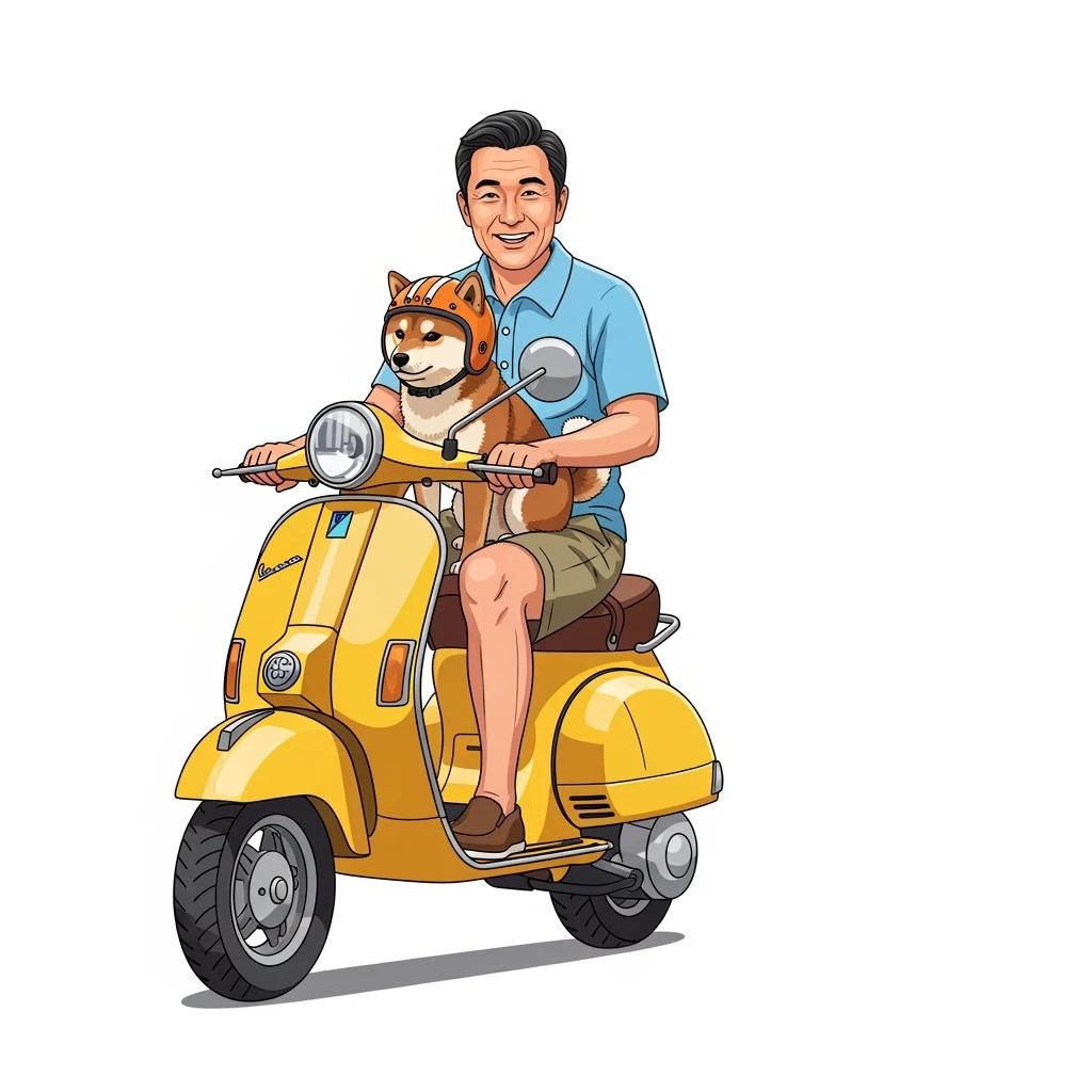 vector art of a man and his pet dog riding a vespa, for website design emoji