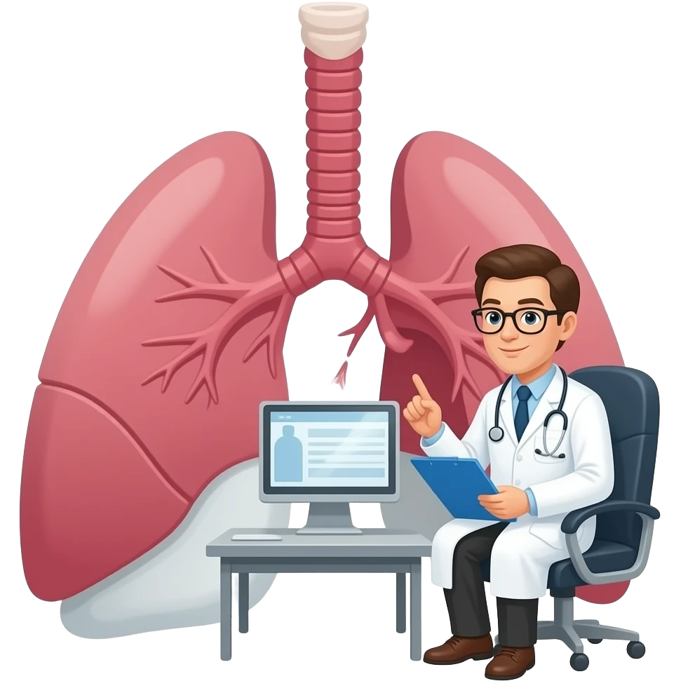 paciente con cáncer de pulmón en consulta hospitalaria con médico emoji