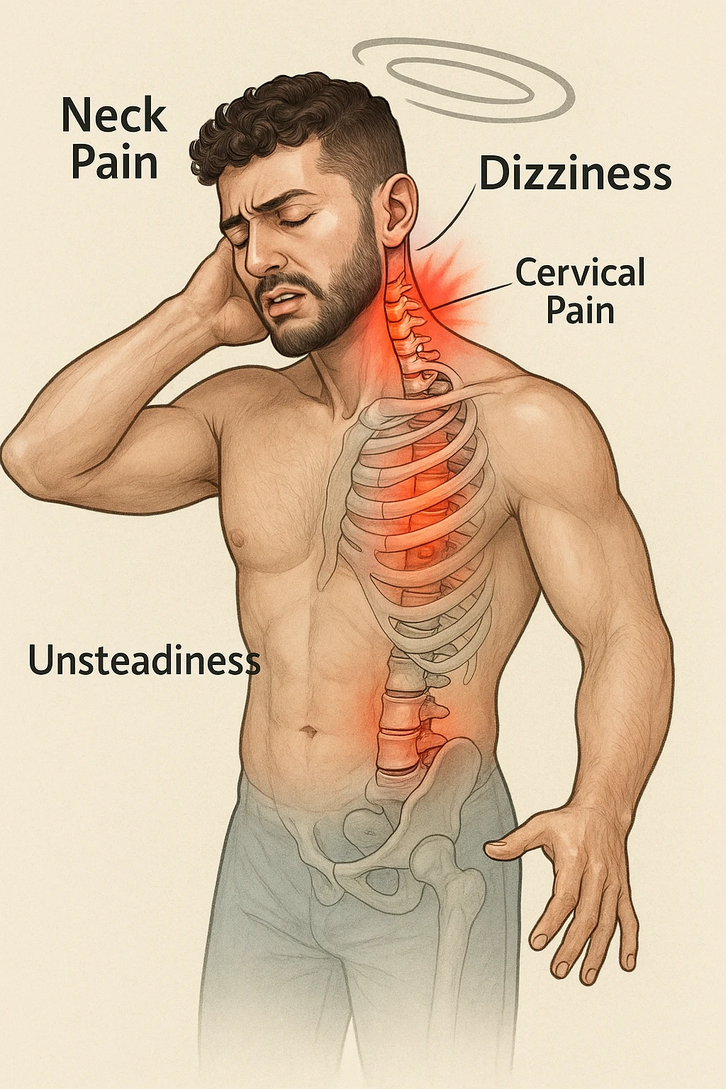 Uomo con dolore per infortunio vista anatomica in piedi con dolori cervicali vertigini e sbandamenti emoji