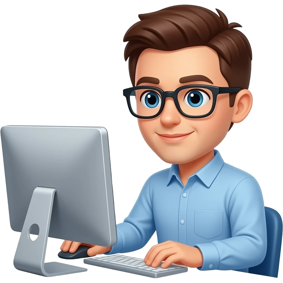 journalist with glasses, short brown hair working on pc emoji