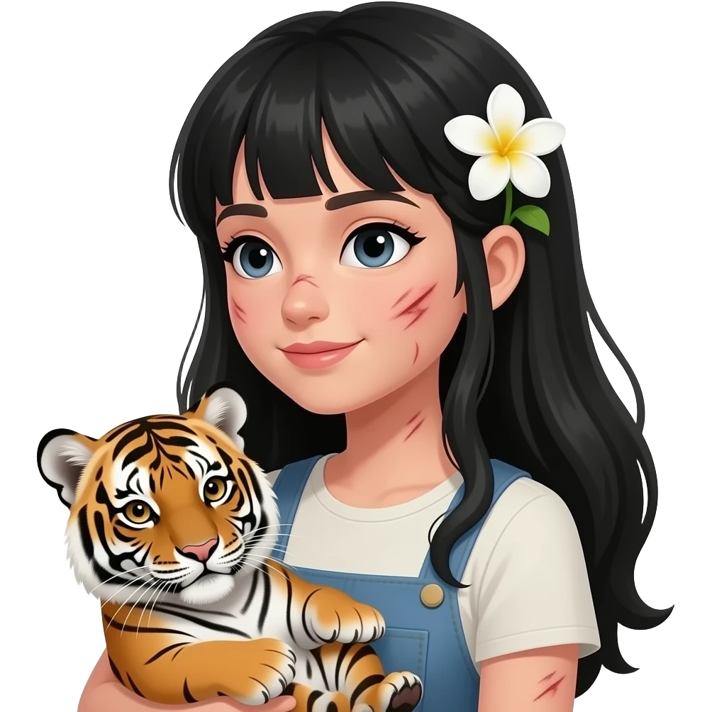 Garota de cabelos preto franjinha com os cabelos grandes com sarna no rosto com de lado é com um bebê tigre no colo com uma flor no cabelo emoji