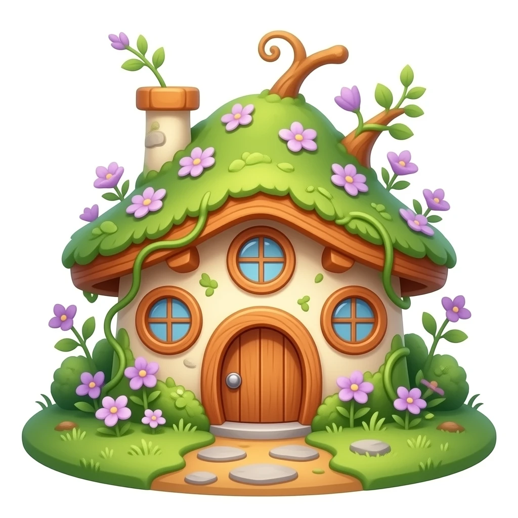 A tiny enchanted fairy cottage in soft green and warm orange tones, made of moss, petals, and curling vines, with round windows, a charming little door, and tiny lilac accents. emoji