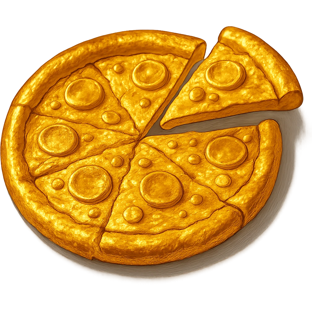 В cлегка рисованной, но при этом объемной и яркой стилистике сгенерируй картинку золотой пиццы, разделенной на кусочки, где один кусок вылезает в сторону. Пицца должна быть не желтой, а реально золотой, прозрачный фон emoji