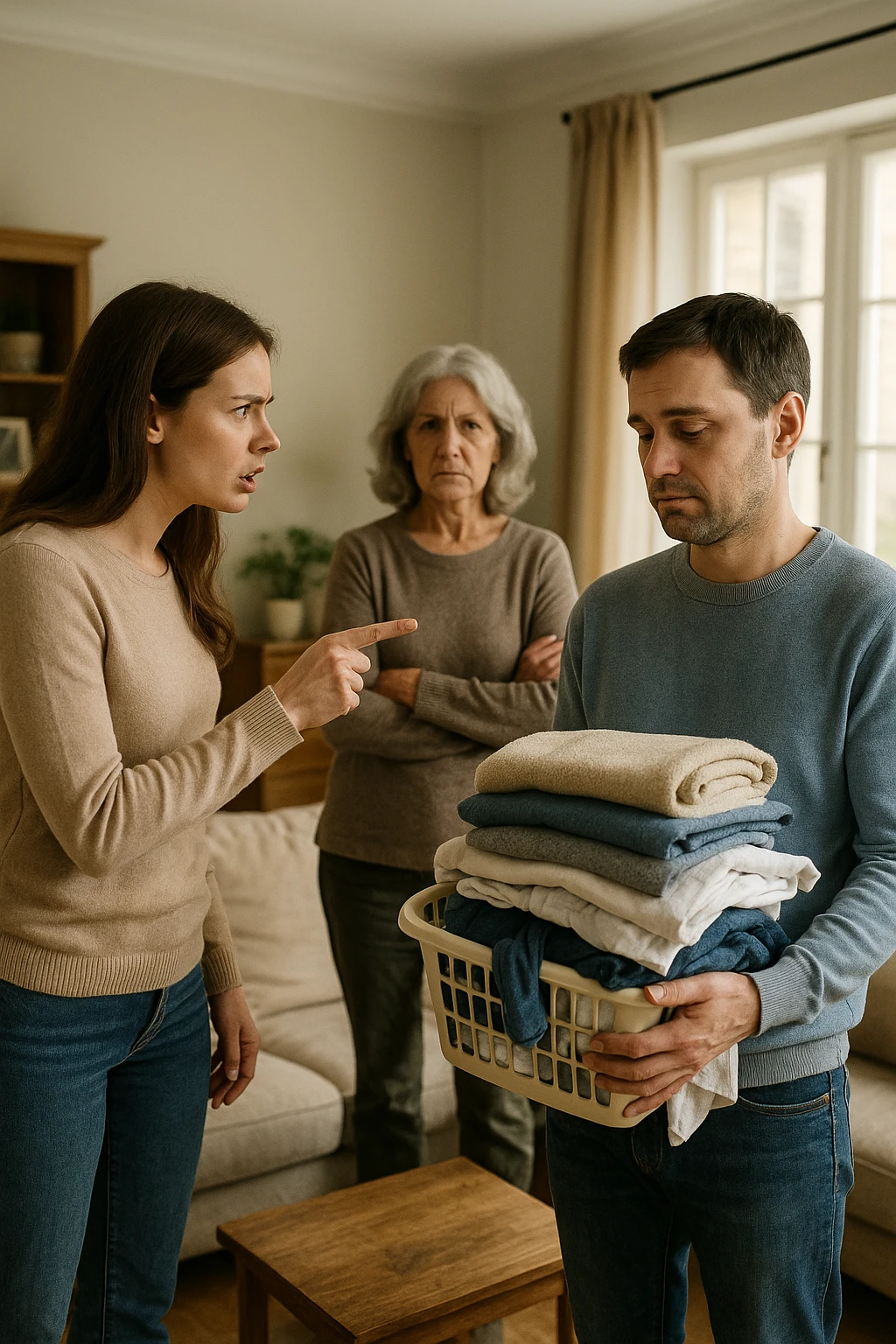 a woman stands assertively in the center of a living room, giving clear instructions to her partner. The man, with a submissive and resigned expression, follows her directions, perhaps holding household items or performing a chore. Behind them, an older woman (the mother-in-law) stands with crossed arms and a disapproving look, watching the scene unfold. The lighting is natural, and the atmosphere is tense but realistic. emoji
