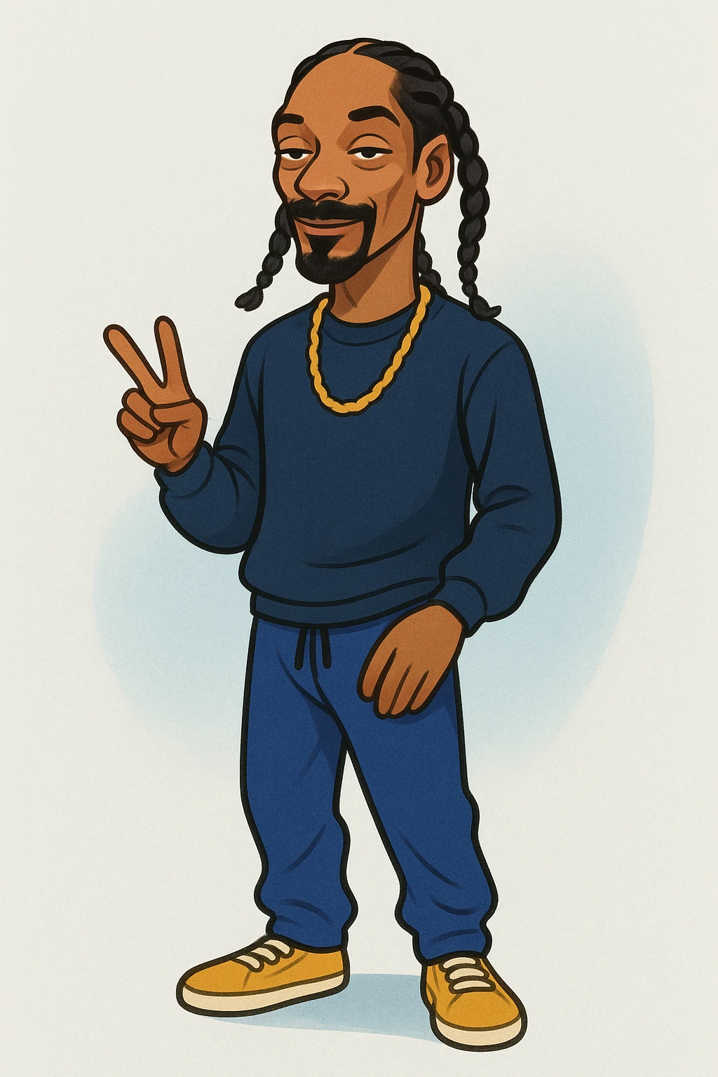 Snoop Dogg standing cartoon style, relaxed pose, signature braids emoji