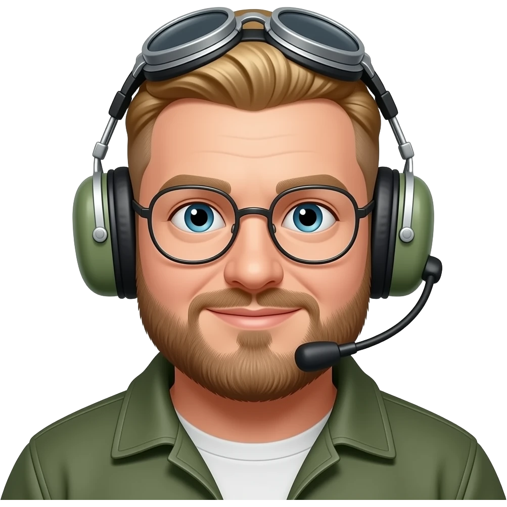 chubby blonde guy, box fade hairstyle, short beard, aviation glasses, aviatior headset emoji