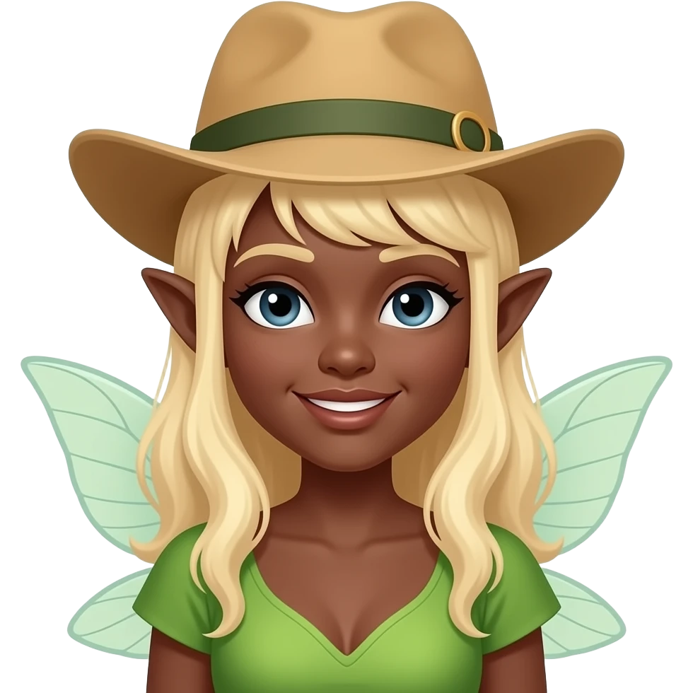 black skinned fairy with blond hair and hat emoji