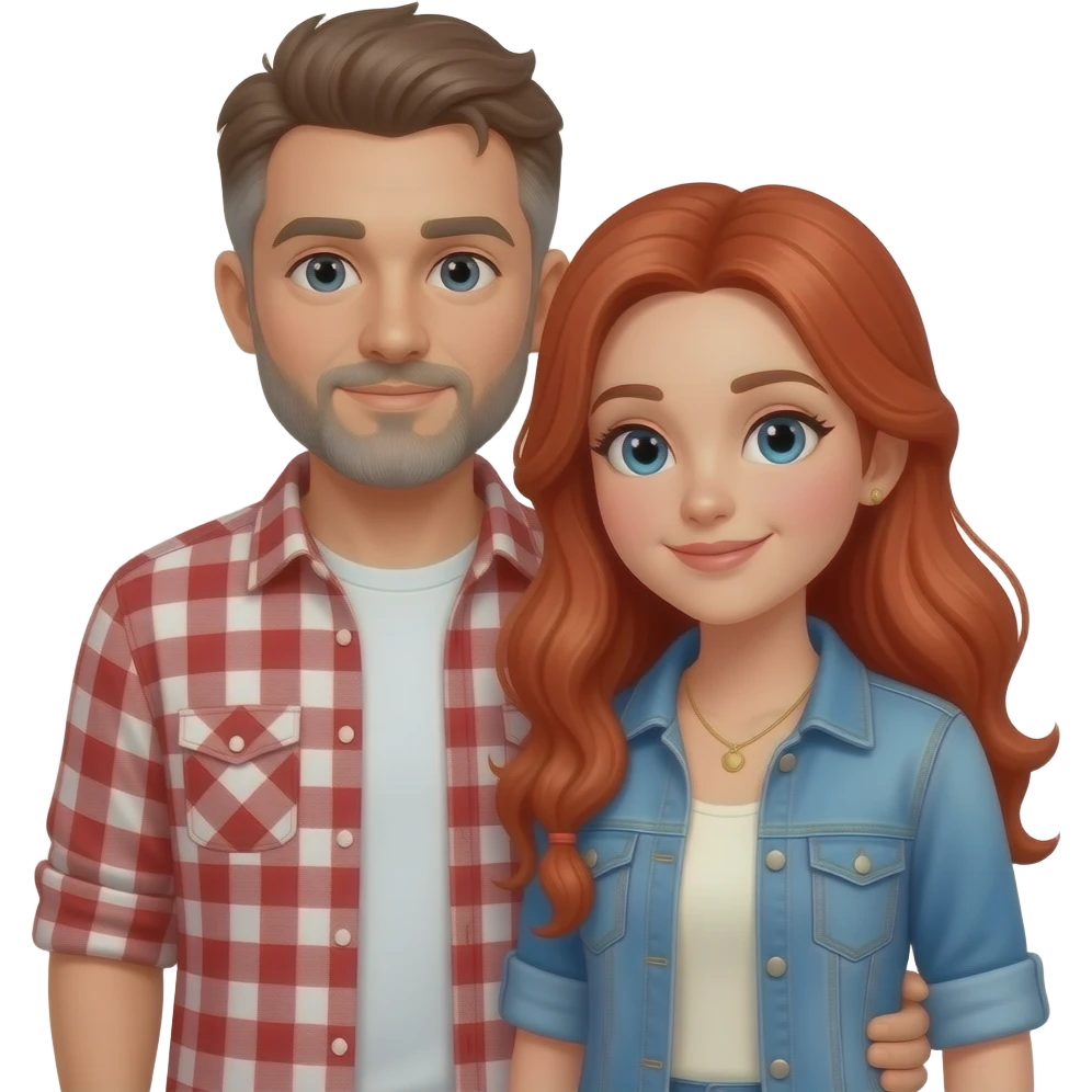 Couple in love, male withbrown hair and salt and pepper beard, woman with red hair and pig tails emoji