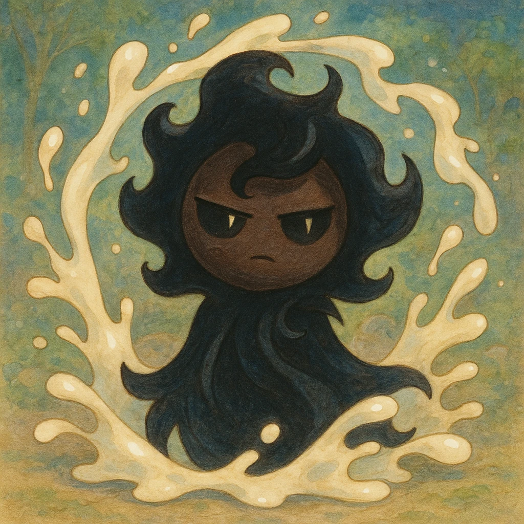 Shadow Milk Cookie, a cookie with a shadowy aura, milk splashes, and an enigmatic expression emoji