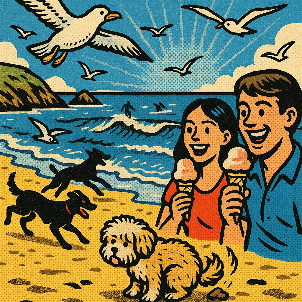 A landscape image of a beach in cornwall with seaguls, dogs playing on the beach, people eating icecream, waves, surfers in the sea and a small fluffy dog having a poo on the sand emoji