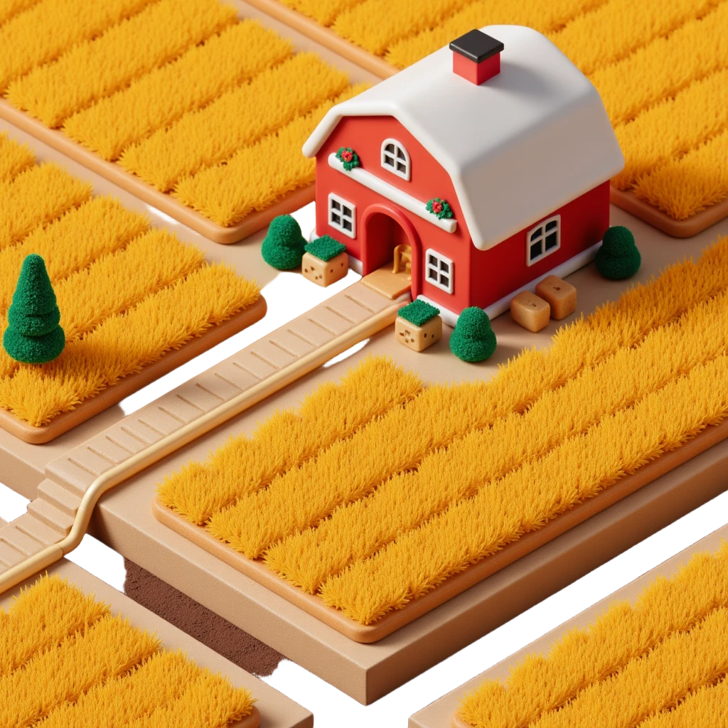 Outside view of a cookie farm with golden wheat and cookie-shaped crops, glowing fields, golden pipes running along the soil and barn walls emoji