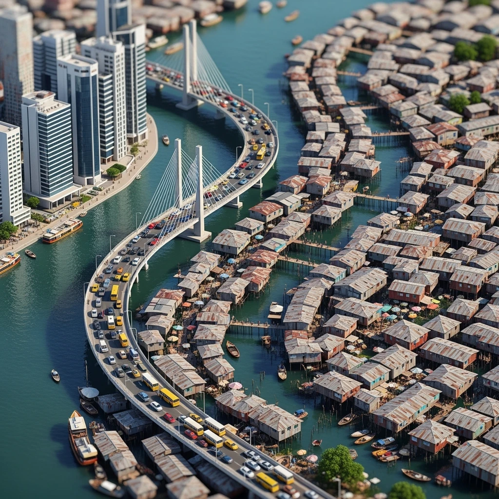 Isometric miniature of Lagos Lekki-Ikoyi Bridge, Eko Atlantic skyscrapers, Makoko slums, tin-roof shacks, chaotic markets, gridlocked traffic, 3D miniature effect and Tilt Shift effect, no cartoonish look, transparent background, don't cut angles emoji