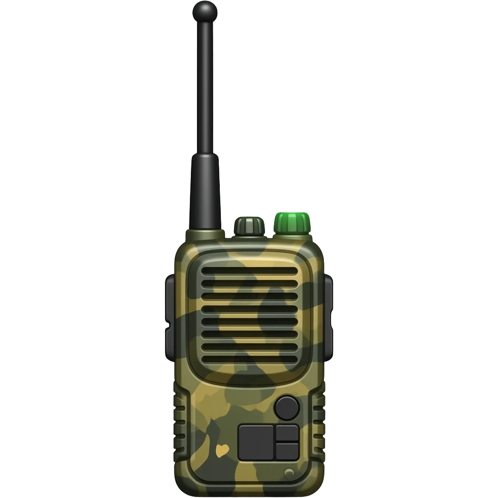 Minimal tactical cartoon emoji style, military handheld radio with long antenna, glowing green signal light, dusty casing, side push-to-talk button, subtle scratches, transparent background, centered composition, thick outline, muted earth tones. emoji