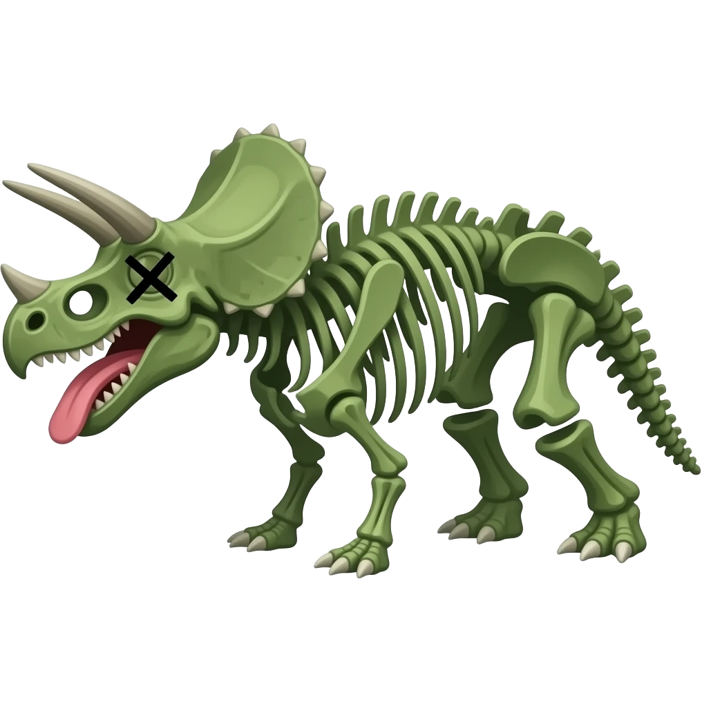 a green triceratops carcass.   It has been chewed up and has visible ribs and x's over its eye, with its tongue hanging out emoji