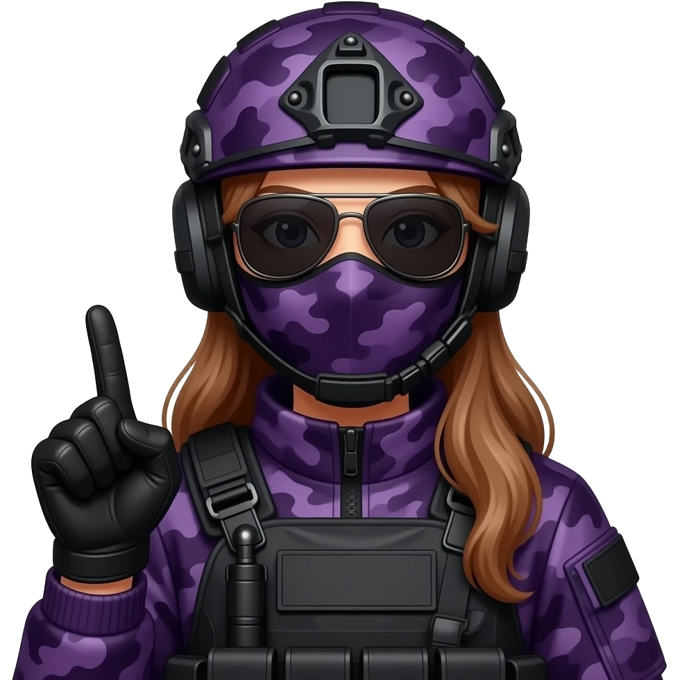 Woman with long hair in large black aviator sunglasses dark purple camoflage tactical gear helmet and mask giving the finger two times in black gloves emoji