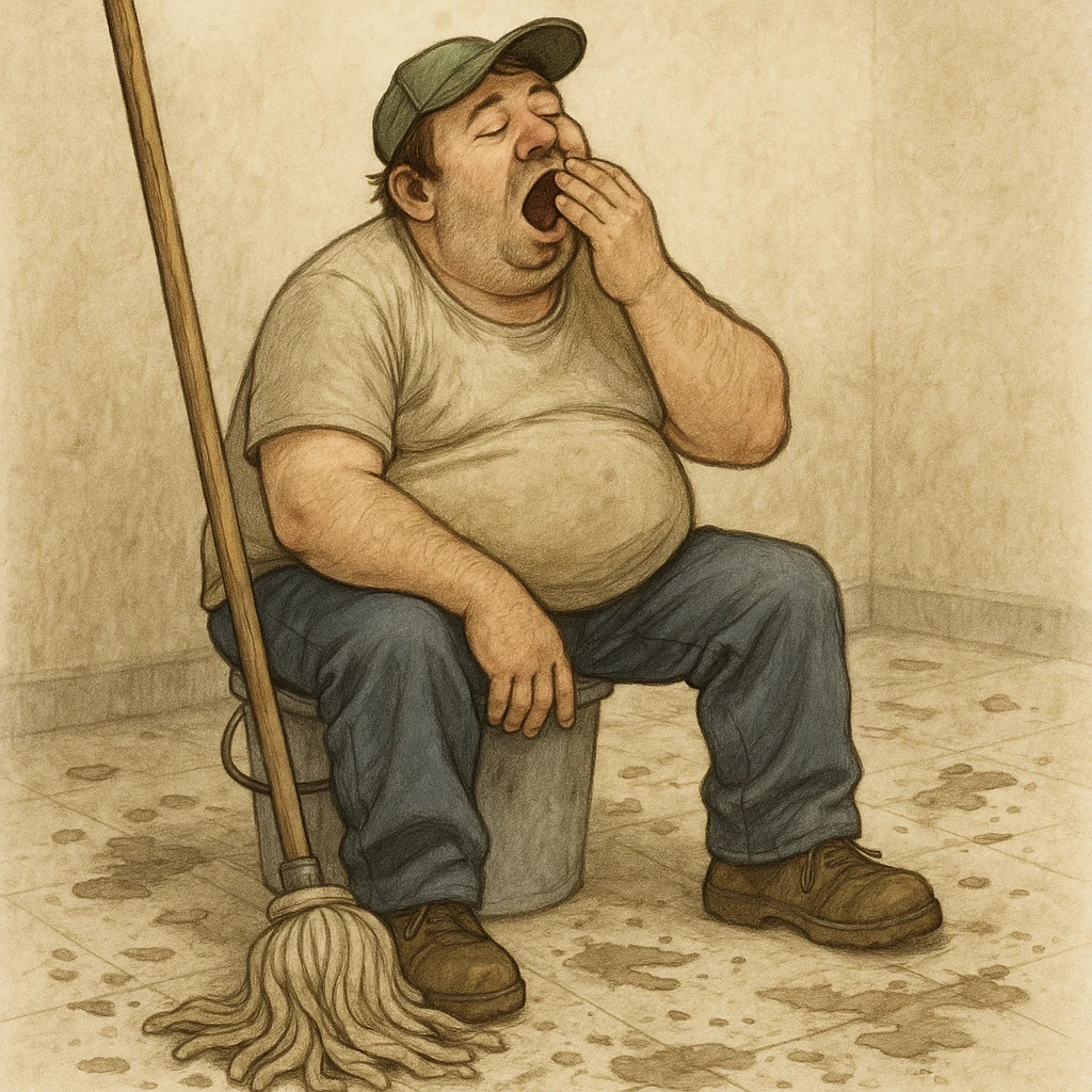 lazy janitor sitting on a bucket, yawning, mop nearby, messy floor, relaxed expression emoji