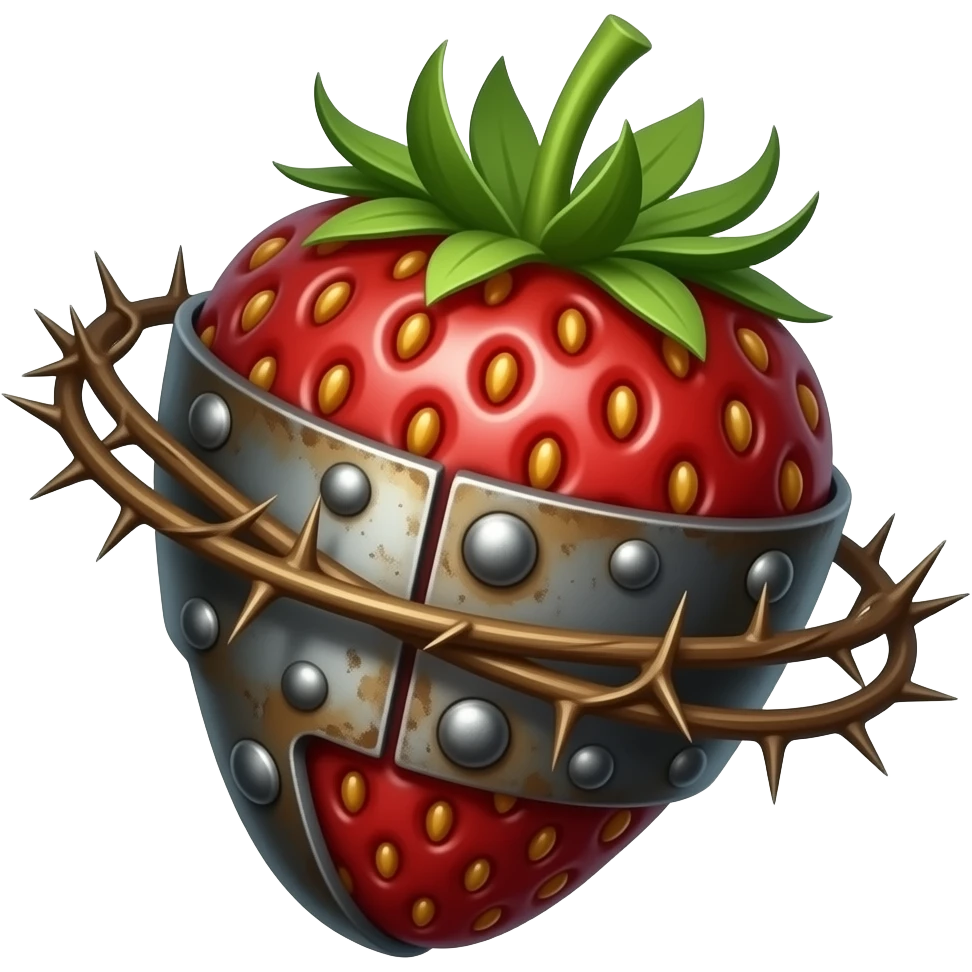 steampunk - a rusty metal structure with many rivets in the shape of a metal strawberry. An oversized crown of thorns is wrapped around the strawberry's body and is spinning around its body emoji