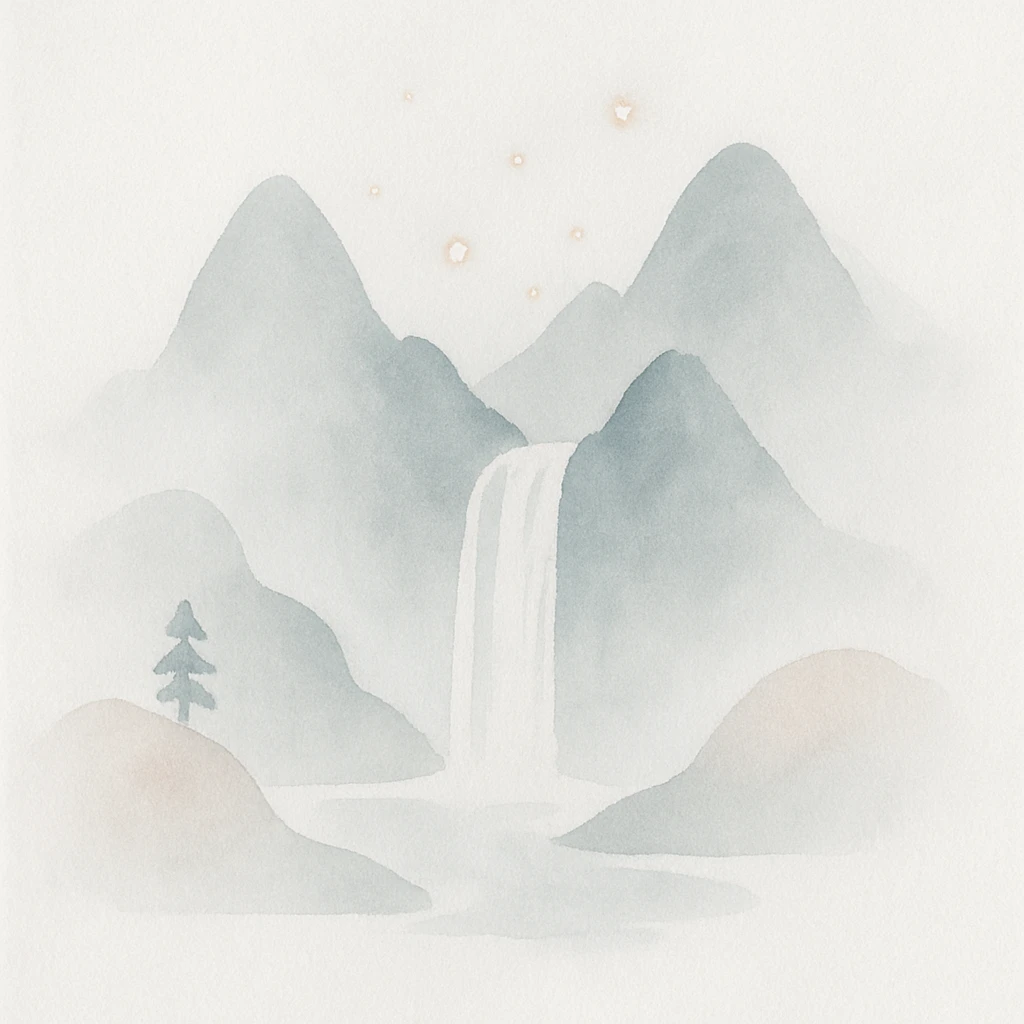 mystical mountain landscape with a waterfall and magical lights, watercolor fantasy style emoji