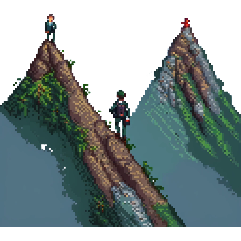man climbing a mountain in a suit, pixel art style emoji