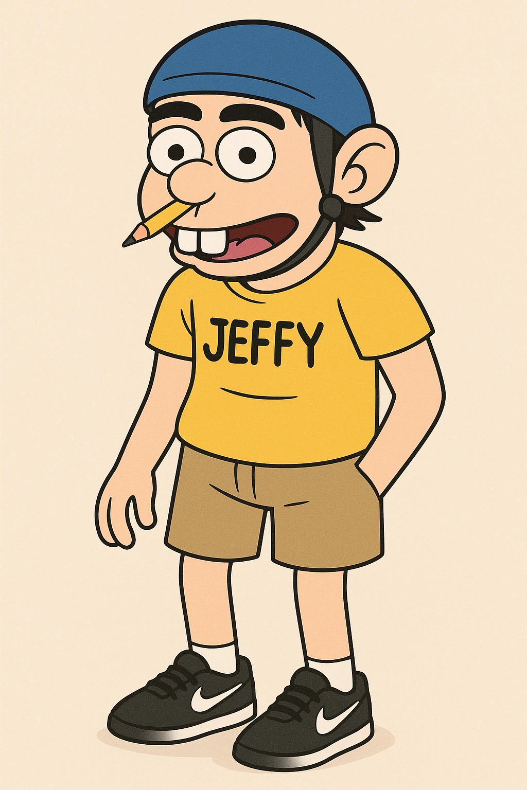20-year-old boy with a blue helmet, pencil on his nose, bunny teeth, yellow shirt with text 'JEFFY', black Nike shoes, black eyebrows, cartoon style, fun and quirky look emoji