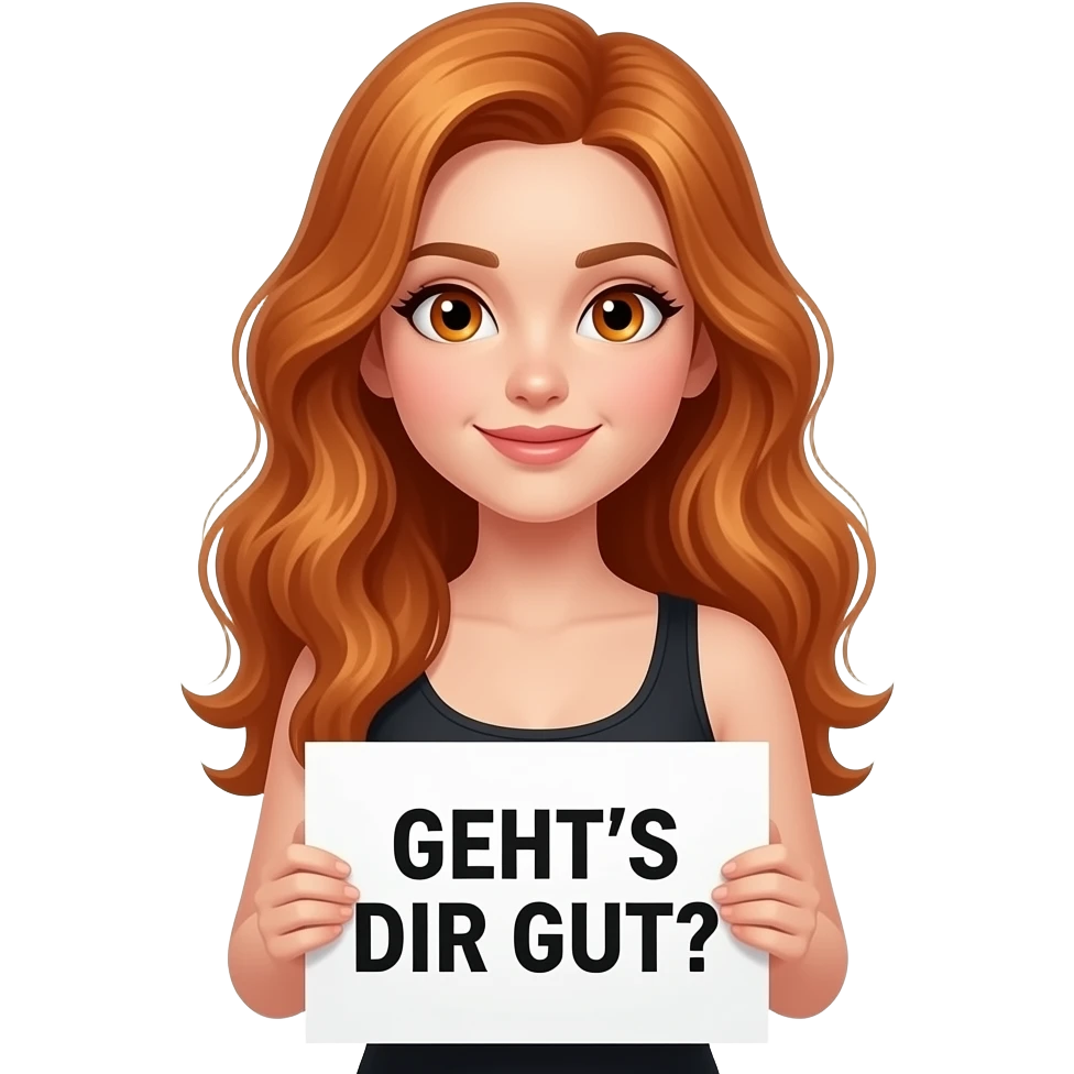 sexy girl with long wavy ginger hair and ginger eyes wearing a black tanktop is holding a white colored sign with GEHT'S DIR GUT? written on it emoji