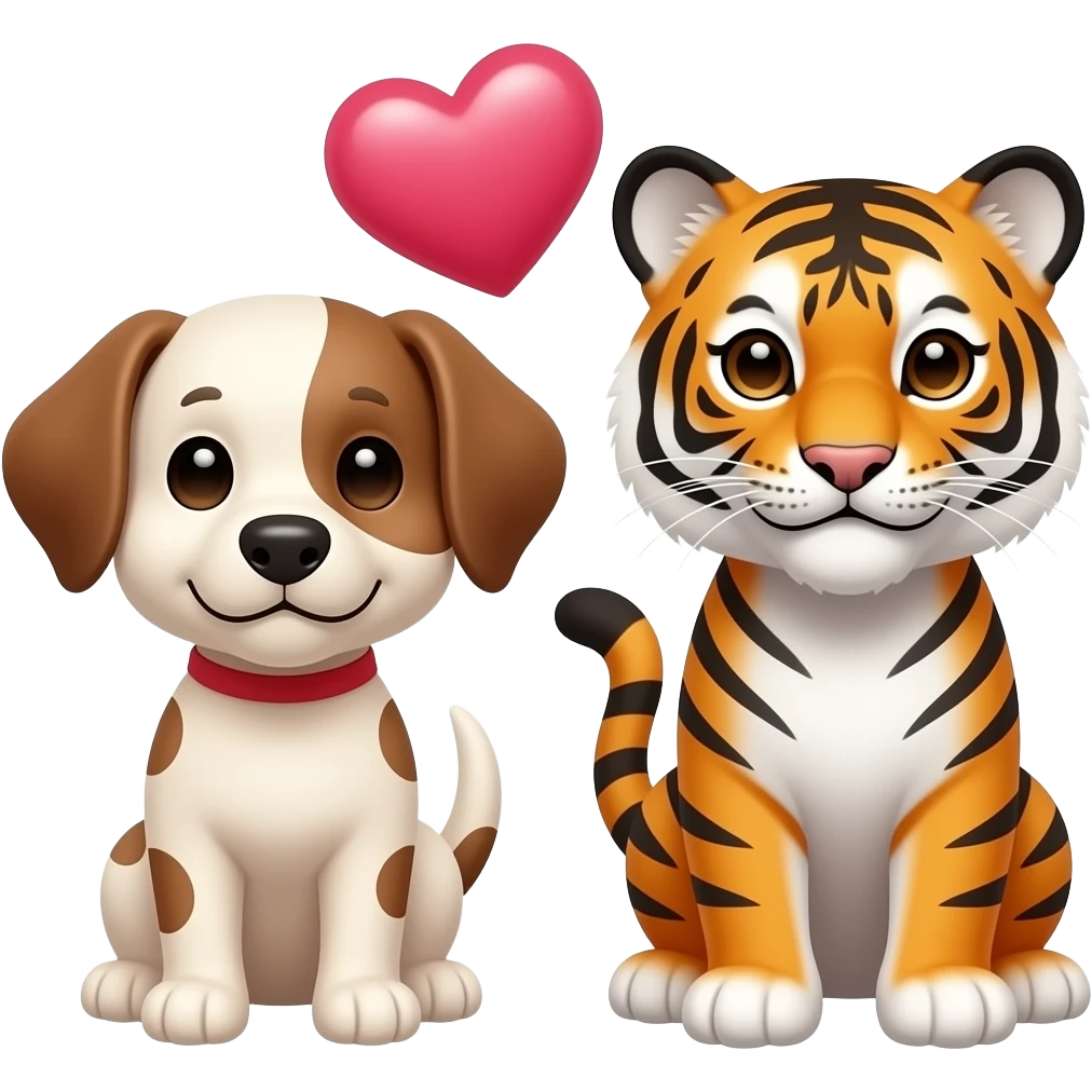 puppy dog and tiger with love heart in between emoji