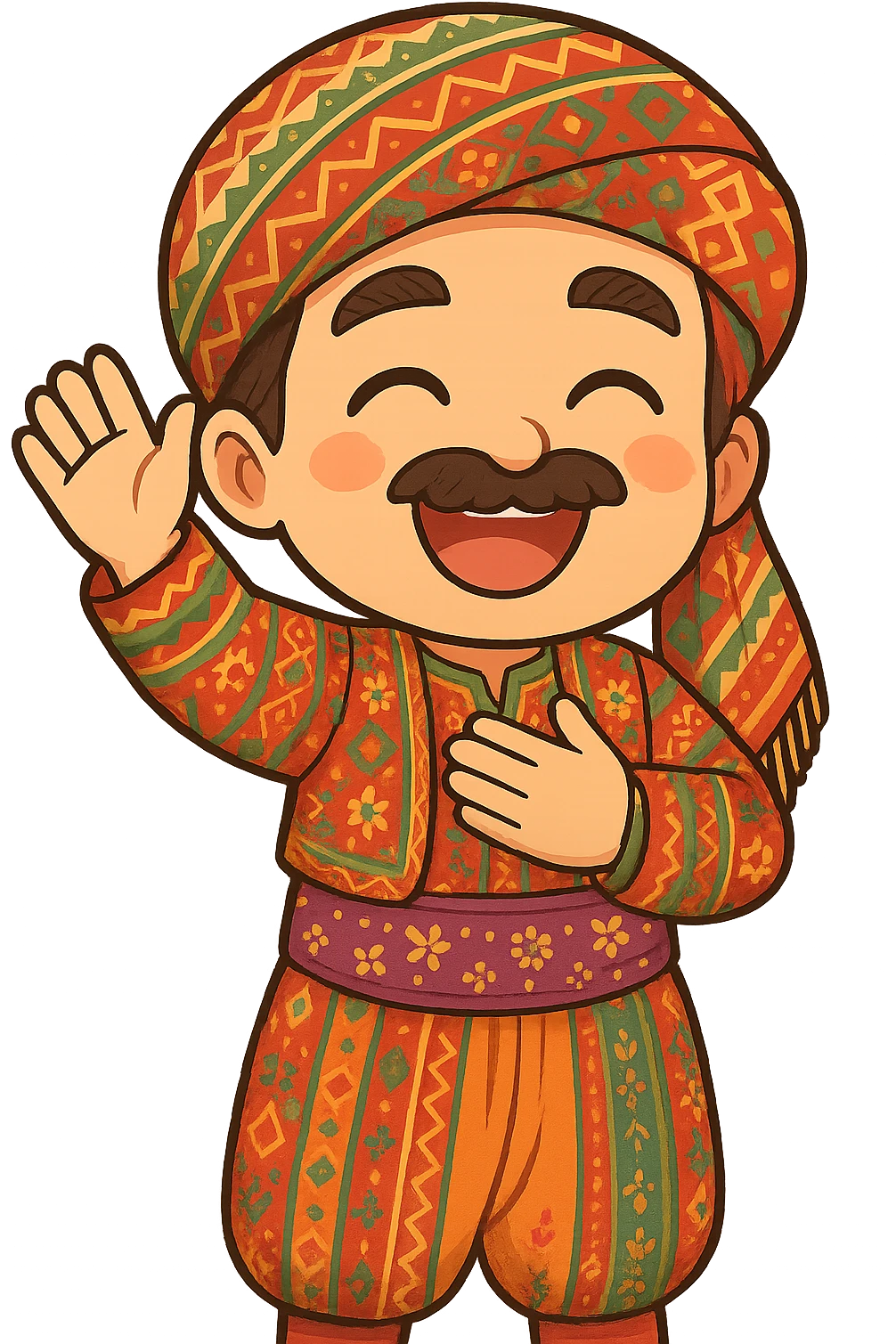 Create a cartoon Kurdish sticker in the same style and mood as the reference image: a happy and smiling face, traditional Kurdish clothing, colorful and cheerful, no text, suitable for WhatsApp and Instagram, with a transparent background. The character should be in a greeting pose with hand raised or hand on chest. emoji