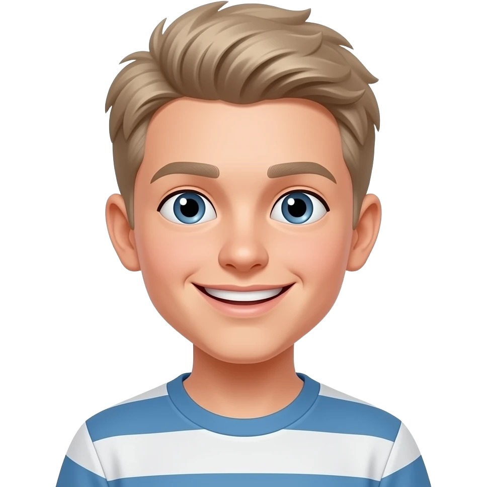 13 year old boy with ashy blonde hair very cheeky smile. much cheekier like really really cheeky emoji