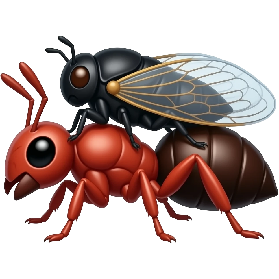 a black cute girly cicada on the back of red muscular ant emoji