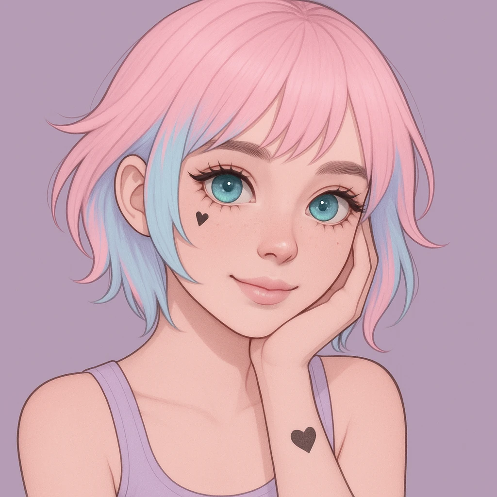 Make the pastel emo profile picture with a heart accent more expressive, keeping it cute and minimal, in the style of imagen-4-fast-KaUtLiSA10F. Enhance expressiveness while preserving the pastel emo aesthetic and heart accent, maintaining a minimal and cute look. emoji