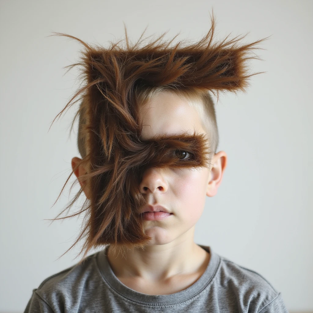 photorealistic portrait of a kid whose head is formed in the shape of the letter F, blending realism and subtle letterform emoji
