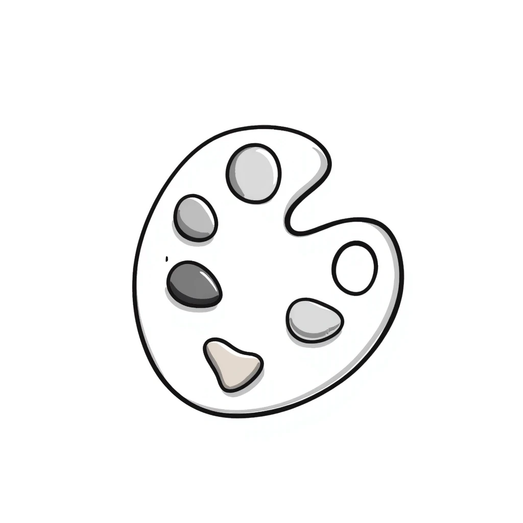 Detailed artist's paint palette with thumb hole and paint colors in specific pastel colors (dd9fb0, ffc6d3, a3bfc9, c4bee2, f1b091). Hand-drawn doodle style with intricate details. The palette should have paint blobs of each color clearly visible. emoji