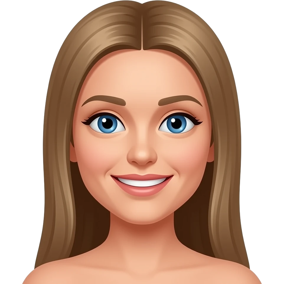 36 year old smiling woman with blue eyes and long, straight, darker blonde hair with middle parting emoji