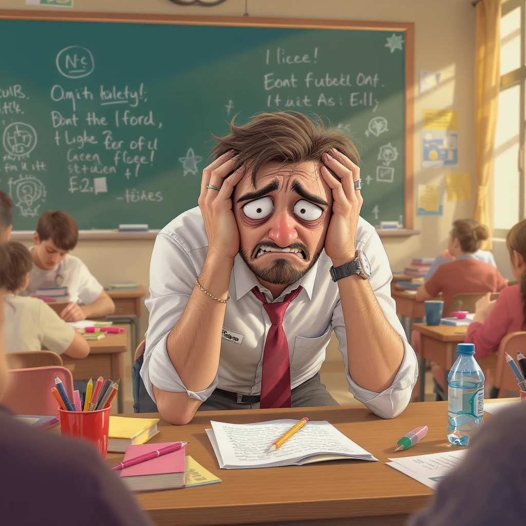 digital cartoon art of a exhausted teacher in a bustling classroom emoji
