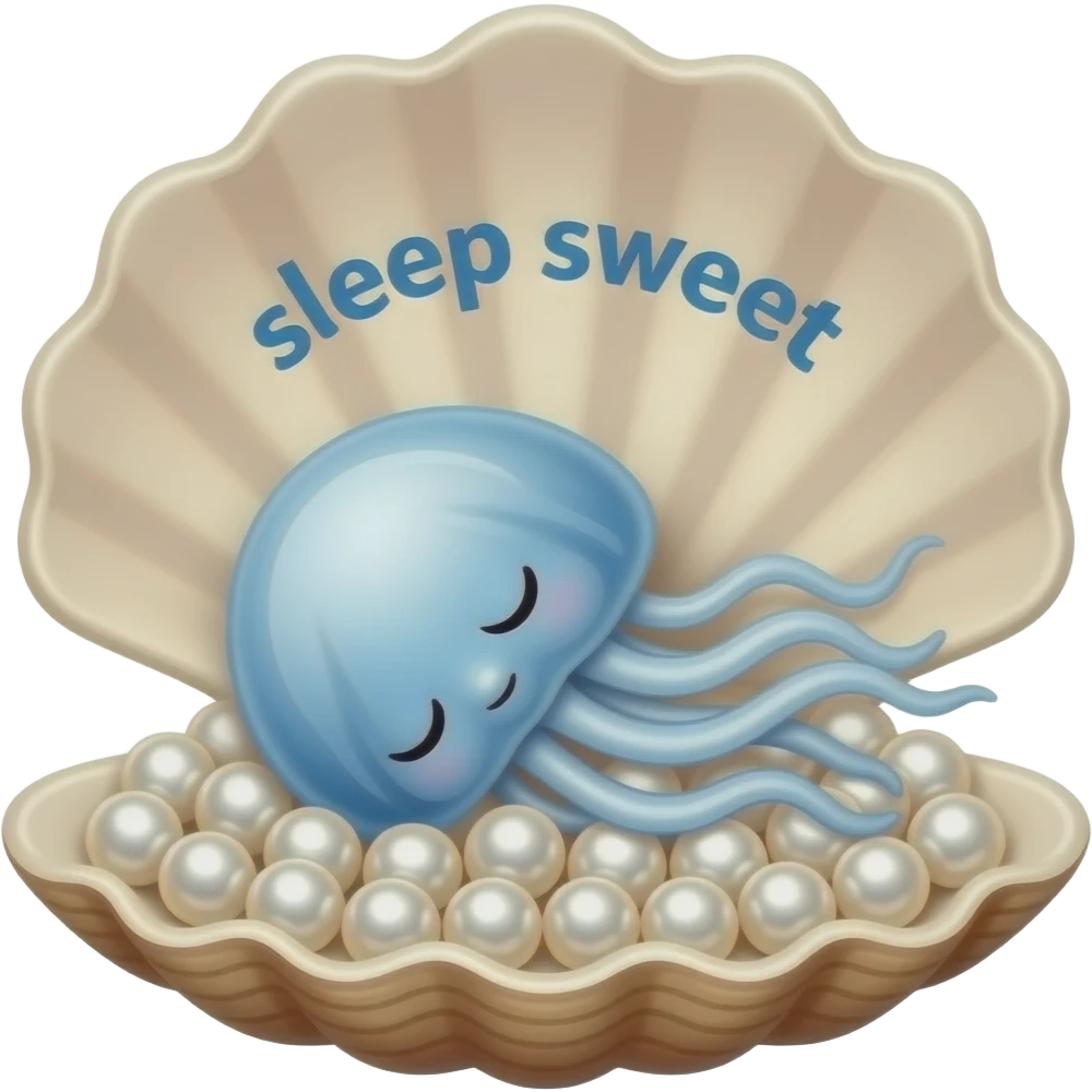 The words "sleep sweet" are hovering over a jellyfish which is sleeping on a bed of pearls piled into a clam shell.  emoji