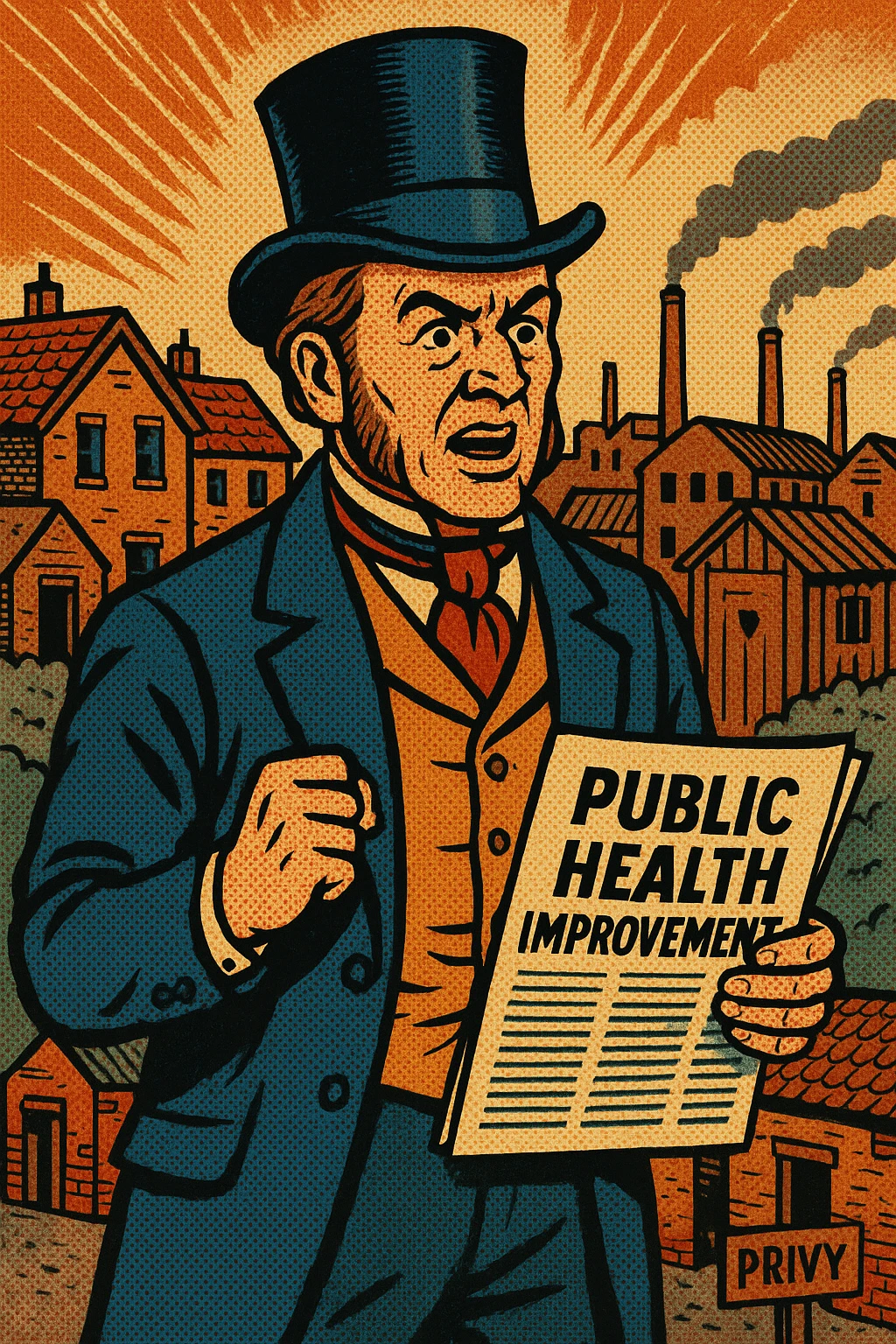 the full image of a middle aged victorian politician holding a newspaper in his left hand which has the headline 'Public Health Improvement'. In the background are victorian slum housing a sign for a 'privy' and victorian factories in the distance emoji