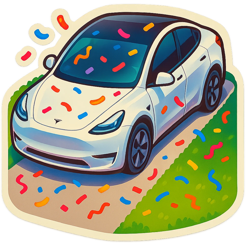 A Tesla Model Y parking in a home driveway with grass on the sides, from above, with confetti emoji