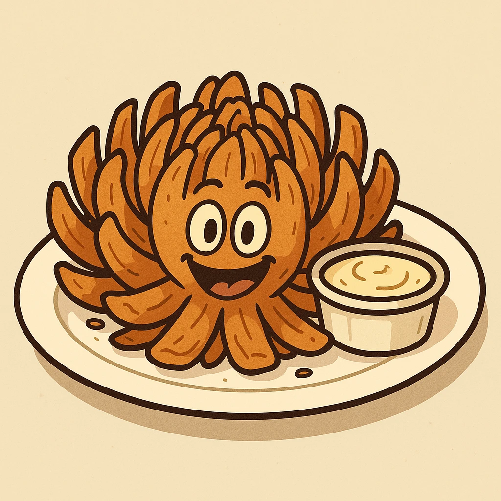 cartoon whole deep-fried onion cut to resemble a flower, crispy and golden, served on a white plate with a ramekin of sauce, inspired by Chili's awesome blossom, cheerful and bold lines emoji