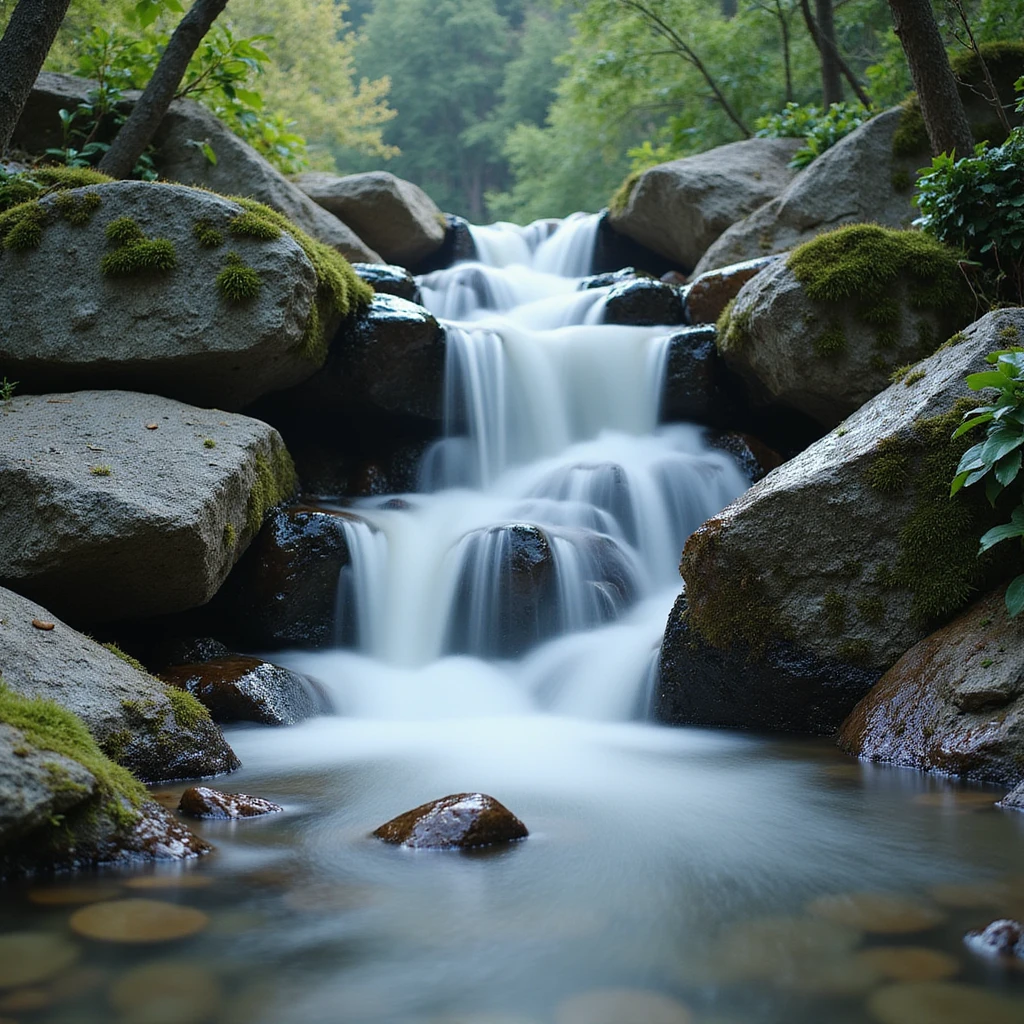 realistic waterfall with water falling between rocks and surrounding vegetation emoji
