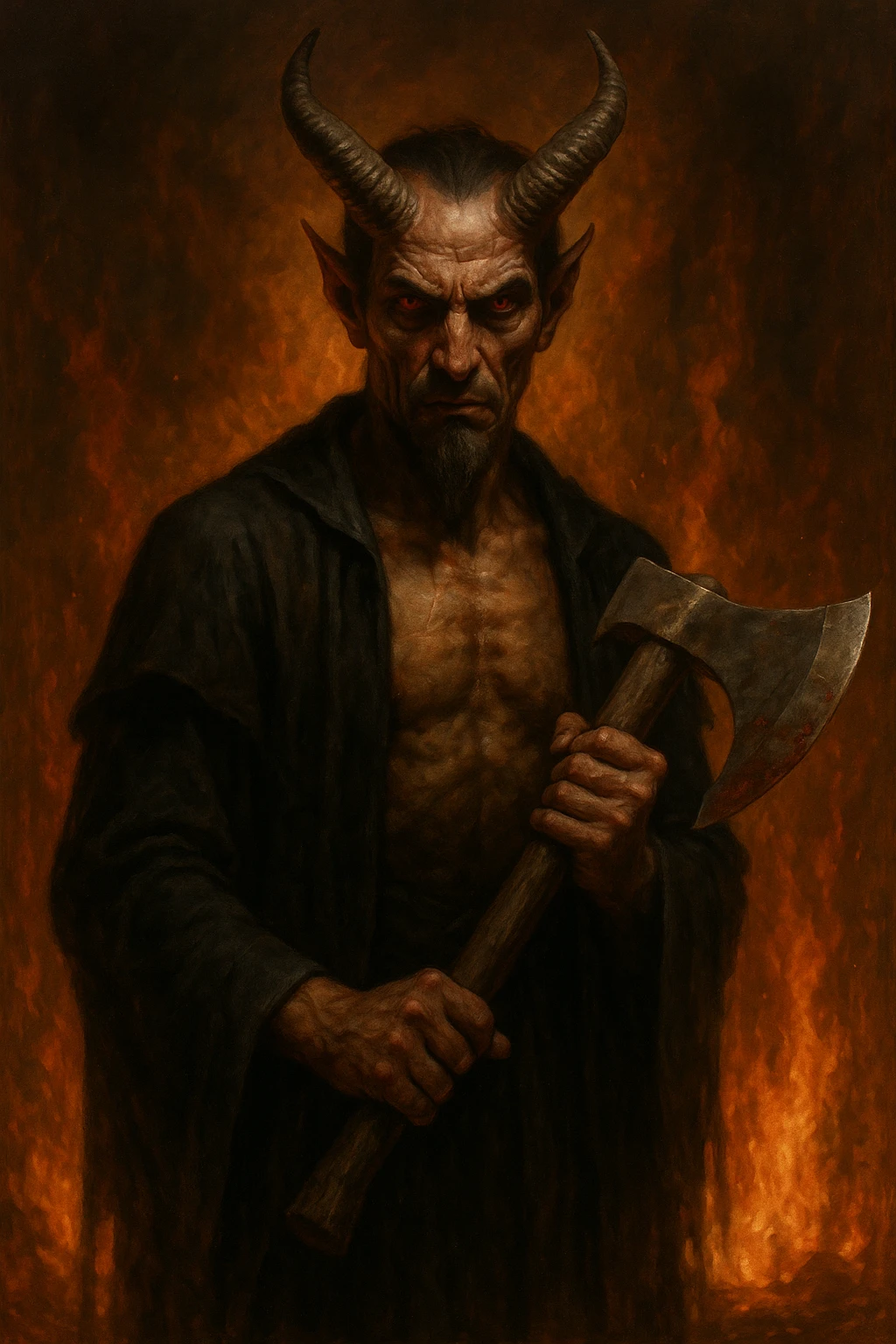 realistic satanic figure wielding an axe, sharp features, fire-lit environment emoji