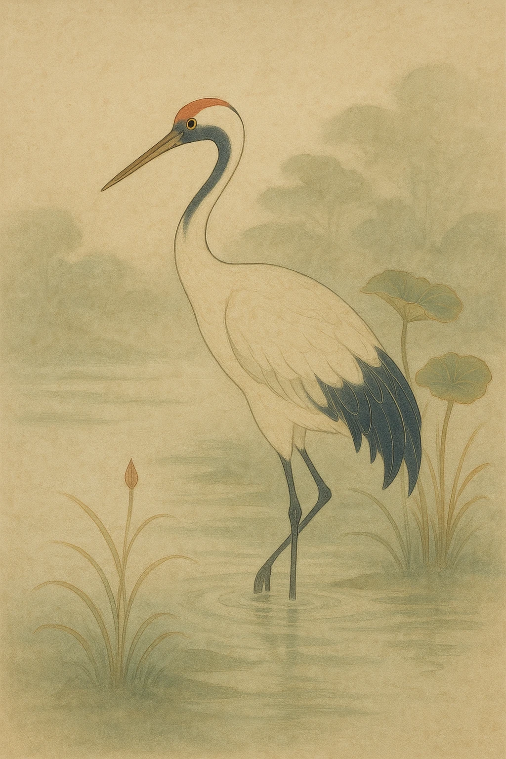 A graceful crane standing in a misty pond, nihonga style, soft brushwork, subtle colors, tranquil mood. emoji