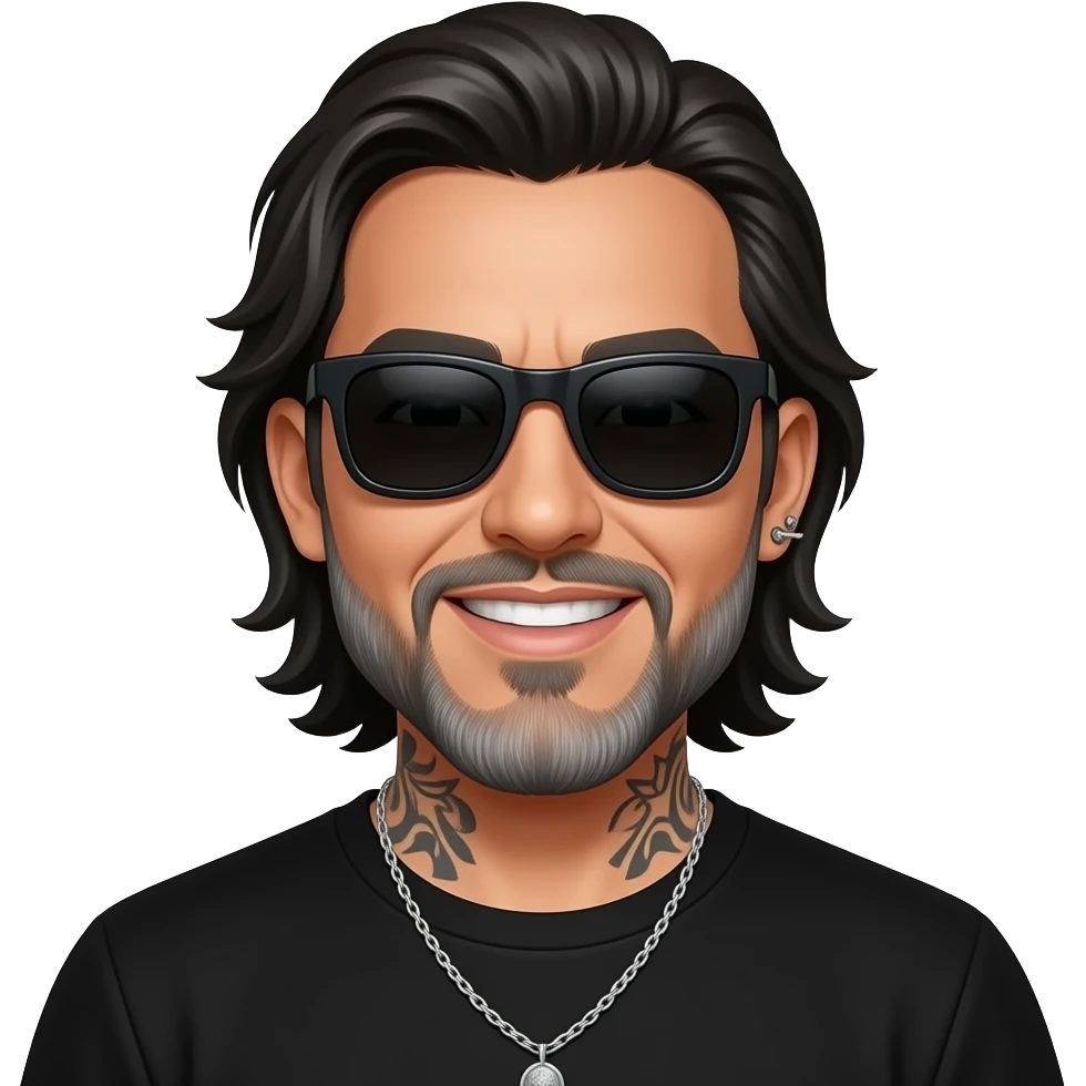 handsome, manly Latino podcast host with black colored eyes wearing black with silver jewelry, with medium length hair, a very long, lightly graying beard and tattoos, his ear pierced and right nostril as well, dark sunglasses. Winks with one eye very exaggerated emoji
