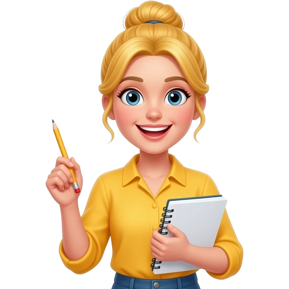 entusiasta mujer  cabello amarillo recogido y blusa amarilla con lapiz y cuaderno en mano emoji