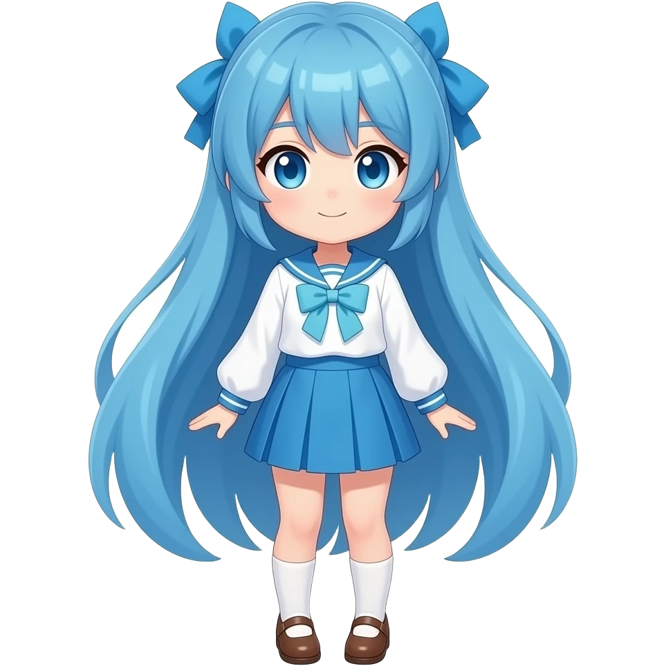 A girl with blue hair 💙 style anime with blue eyes 🩵 and white an cyan outfit with 💙 skirt with brown shoes 👟 emoji