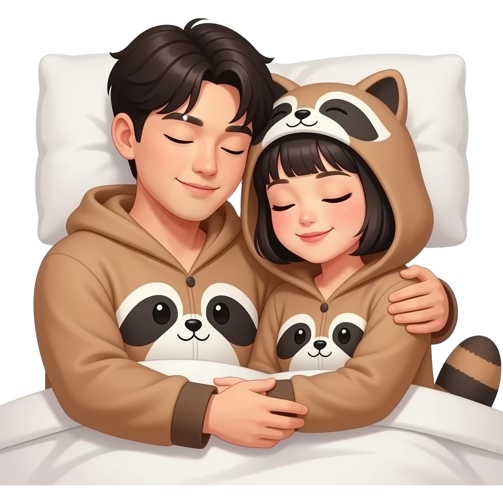 hot korean man with bangs sleeping with a hot Filipina with short hair and bangs. make them hug very comfortably like they are sleeping. make them wear a raccoon cat matching pajamas emoji