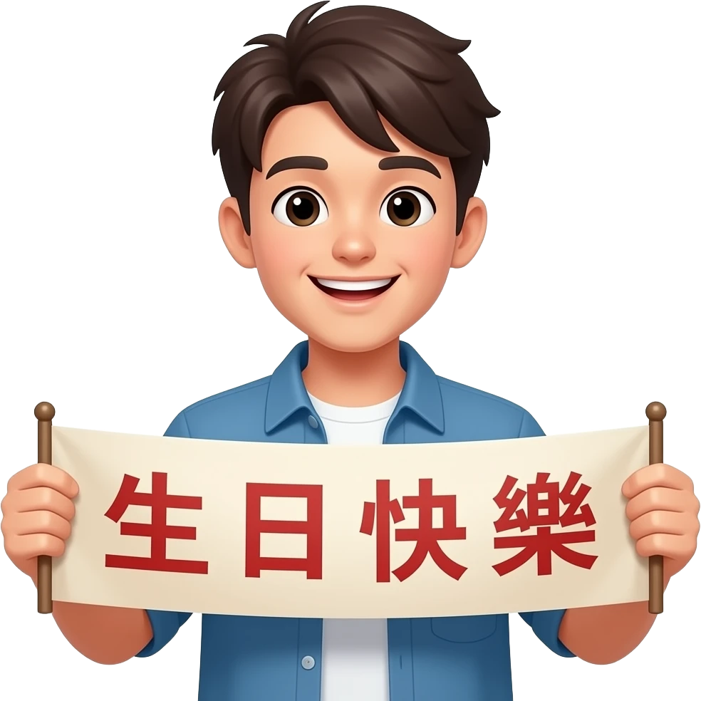 A cheer young man with a banner in traditional chinese "生日快樂"" emoji