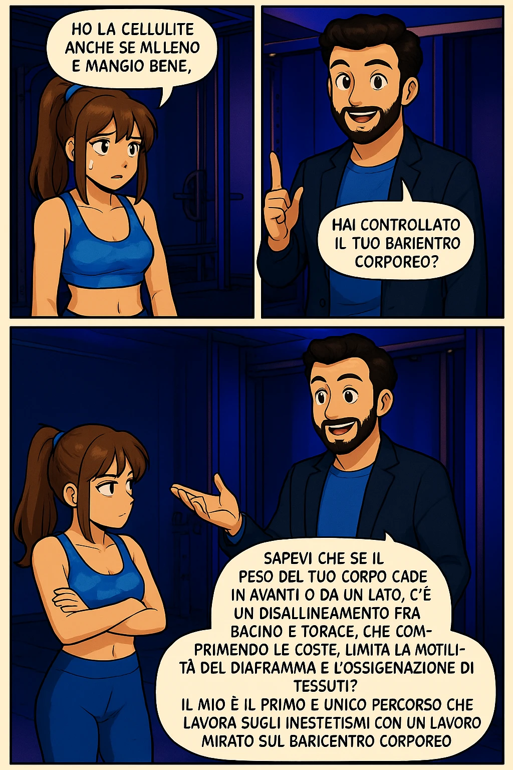 PRENDI SPUNTO DA QUESTO STILE FACENDO UN WEBTOON/MANGA:

LEI (DONNA): Ho la cellulite anche se mi alleno e mangio bene, cosa posso fare?

LUI (UOMO): Hai controllato il tuo baricentro corporeo?
LUI (UOMO): Sapevi che se il peso del tuo corpo cade in avanti o da un lato, c’è un disallineamento fra bacino e torace, che comprimendo le coste, limita la motilità del diaframma e l’ossigenazione dei tessuti?
LUI (UOMO): Il mio è il primo e unico percorso che lavora sugli inestetismi con un lavoro mirato sul baricentro corporeo. emoji